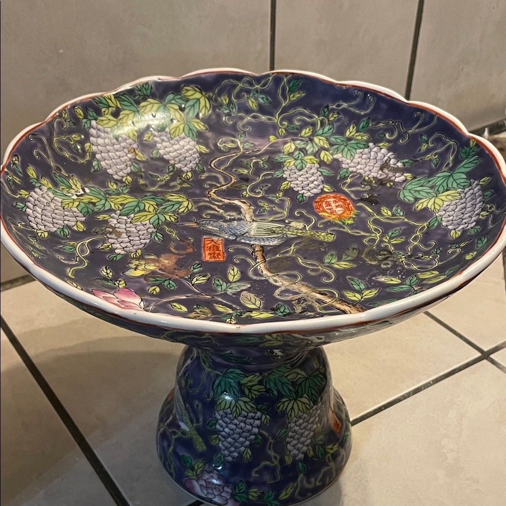 Chinese Blue Bird Floral Pedestal Bowl